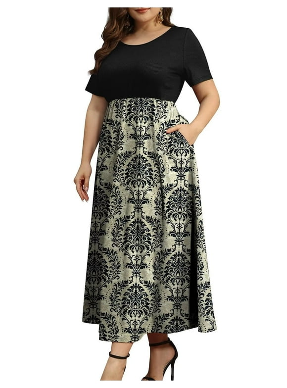 FOLUNSI Women Plus Size Dresses Short Sleeve Loose Ribbed Casual Long Maxi Dresses with Pockets L-4X