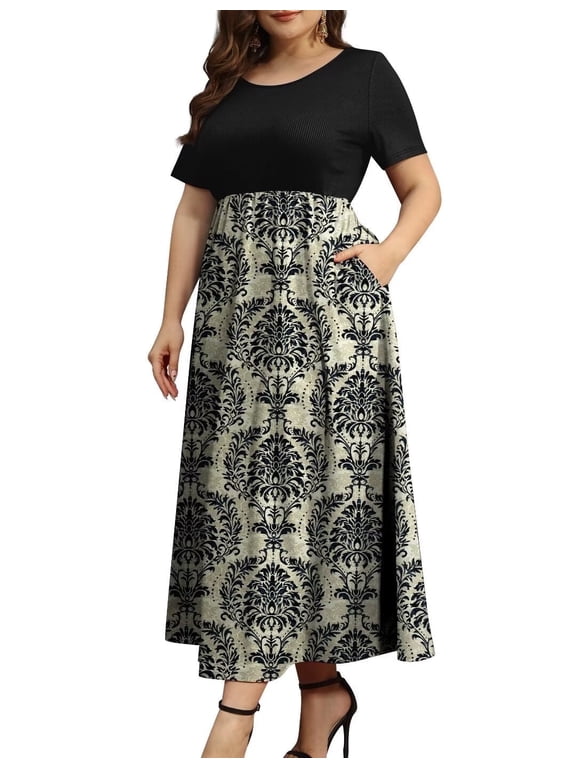 Women's Plus Size 2XL Casual Long Maxi Dress in Beach Hat Design, 95% Polyester