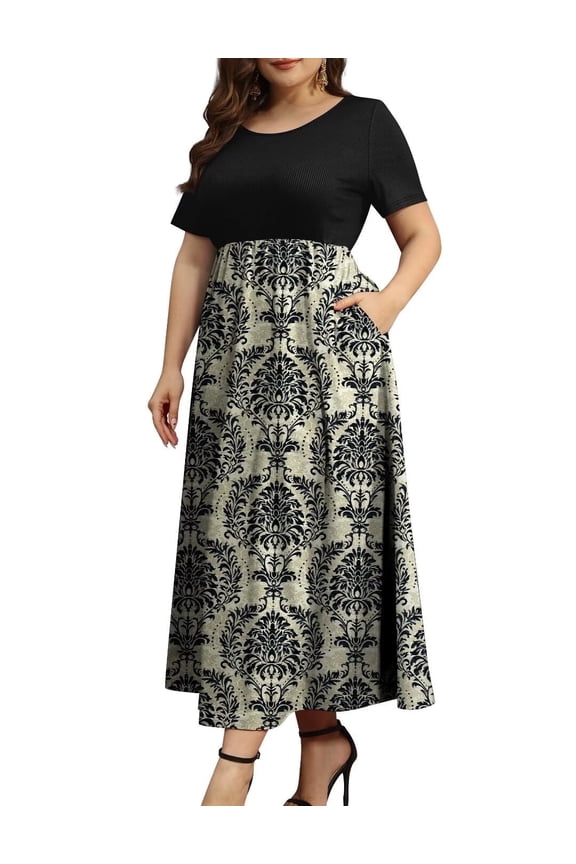 Women's Plus Size 2XL Casual Long Maxi Dress in Beach Hat Design, 95% Polyester