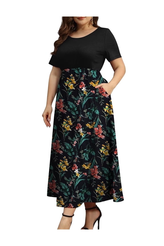 Women Plus Size Dresses Short Sleeve Loose Ribbed Casual Long Maxi Dresses with Pockets M-4X