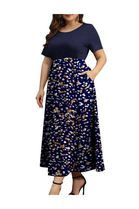 Women Plus Size Dresses Short Sleeve Loose Ribbed Casual Long Maxi Dresses with Pockets M-4X