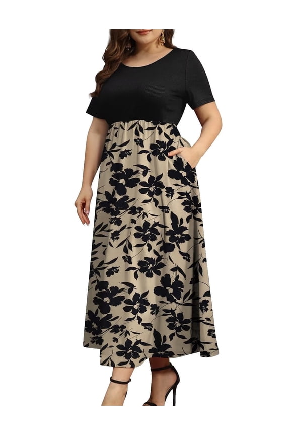Women Plus Size Dresses Short Sleeve Loose Ribbed Casual Long Maxi Dresses with Pockets M-4X