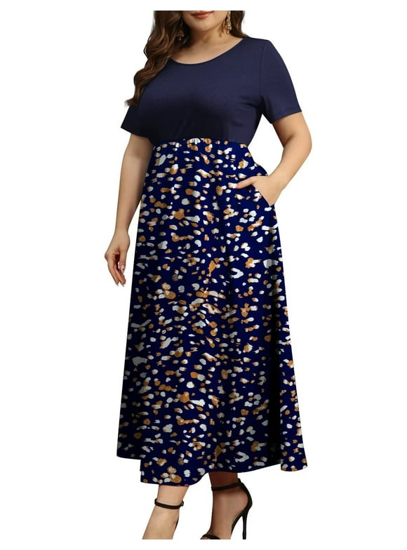 FOLUNSI Women Plus Size Dresses Short Sleeve Loose Ribbed Casual Long Maxi Dresses with Pockets M-4X