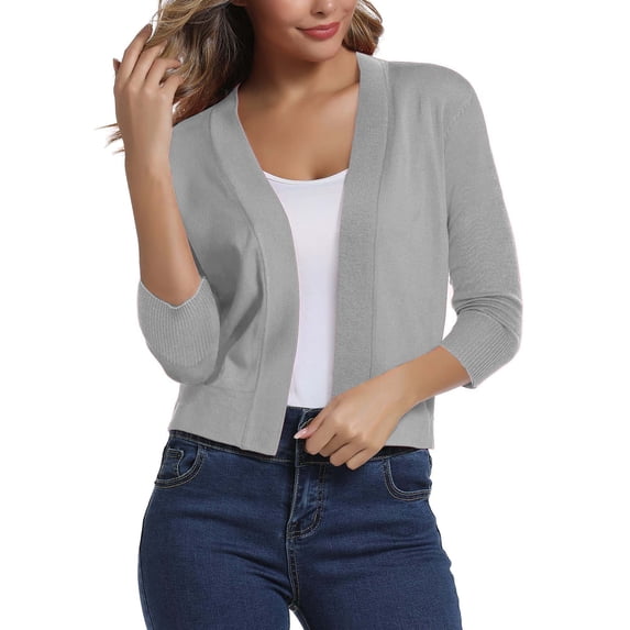 FOLUNSI Women's 3/4 Sleeve Cropped Cardigans Sweaters Jackets Open Front Short Shrugs for Dresses