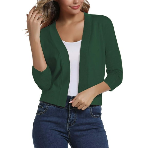 FOLUNSI Women's 3/4 Sleeve Cropped Cardigans Sweaters Jackets Open Front Short Shrugs for Dresses