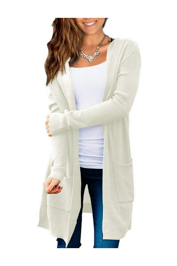 Women's Hooded Long Sleeve Open Front Cardigan Long Sweaters with Pockets S-XL