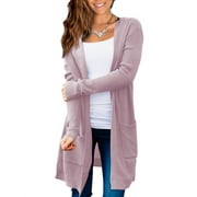 FOLUNSI Knit Cardigan - Hooded Open Front With Pockets - Women