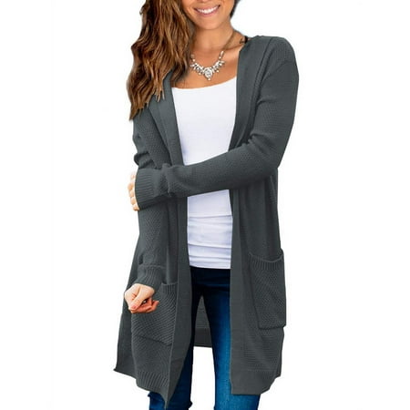 FOLUNSI Knit Cardigan - Hooded Open Front With Pockets - Women