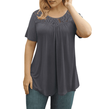 FOLUNSI Women's Plus Size Summer Tops Short Sleeve Lace Pleated Blouses ...
