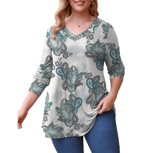 FOLUNSI Women's Plus Size Shirt Long Sleeve Blouse V-Neck Flowy Print Tunic Tops M-4X