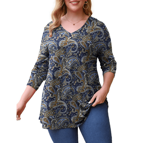 FOLUNSI Women's Plus Size Shirt Long Sleeve Blouse V-Neck Flowy Print Tunic Tops M-4X