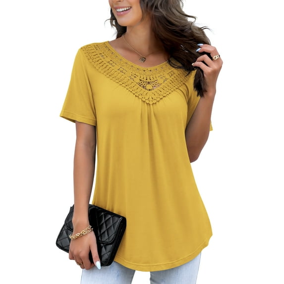 FOLUNSI Women's Plus Size Summer Tops Short Sleeve Lace Pleated Blouses Tunic Tops M-4XL