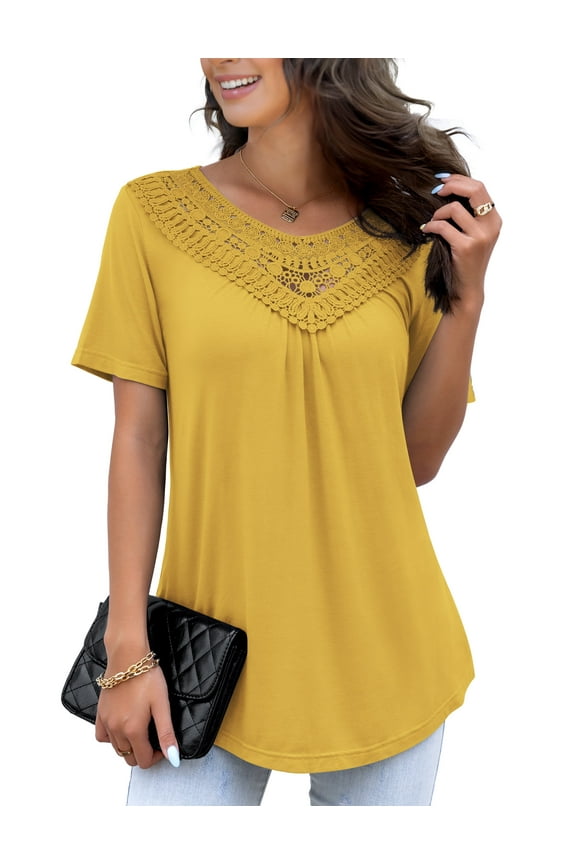 Women's Plus Size Summer Tops Short Sleeve Lace Pleated Blouses Tunic Tops M-4XL