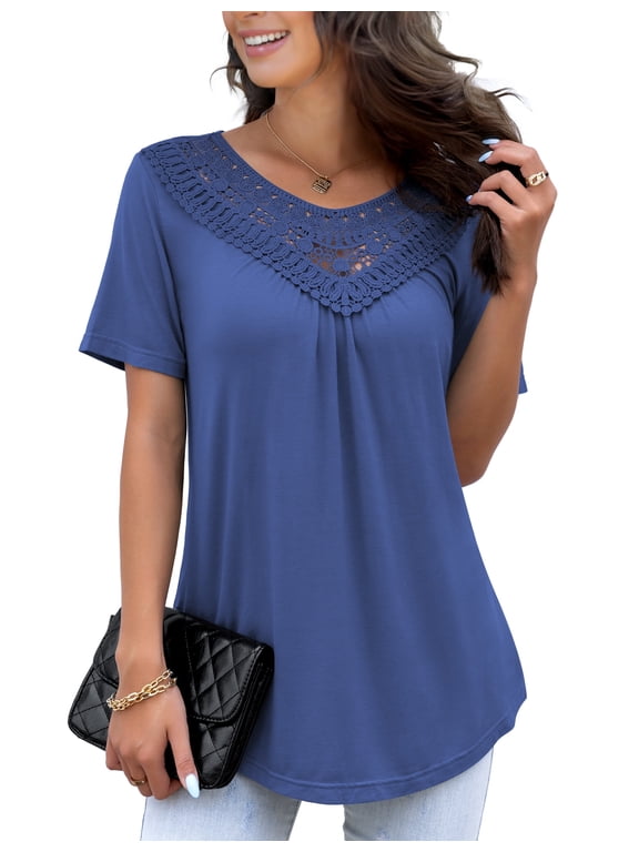 Women's Plus Size Summer Tops Short Sleeve Lace Pleated Blouses Tunic Tops M-4XL