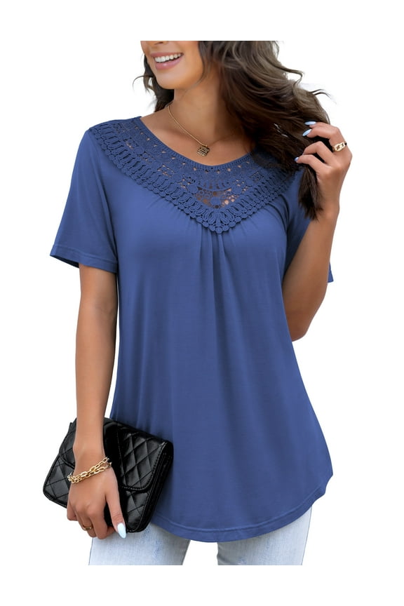 Women's Plus Size Summer Tops Short Sleeve Lace Pleated Blouses Tunic Tops M-4XL