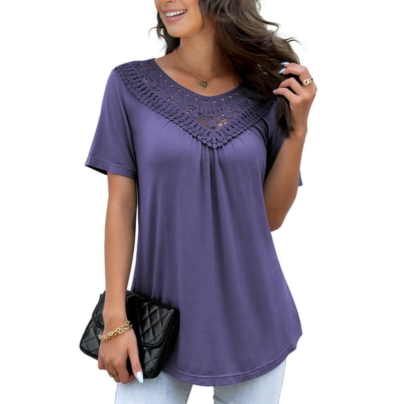 FOLUNSI Women's Plus Size Summer Tops Short Sleeve Lace Pleated Blouses Tunic Tops M-4XL