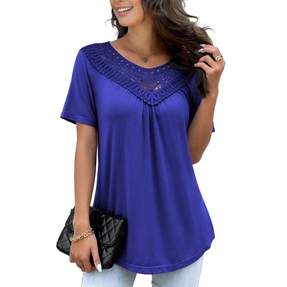 FOLUNSI Women's Plus Size Summer Tops Short Sleeve Lace Pleated Blouses Tunic Tops M-4XL