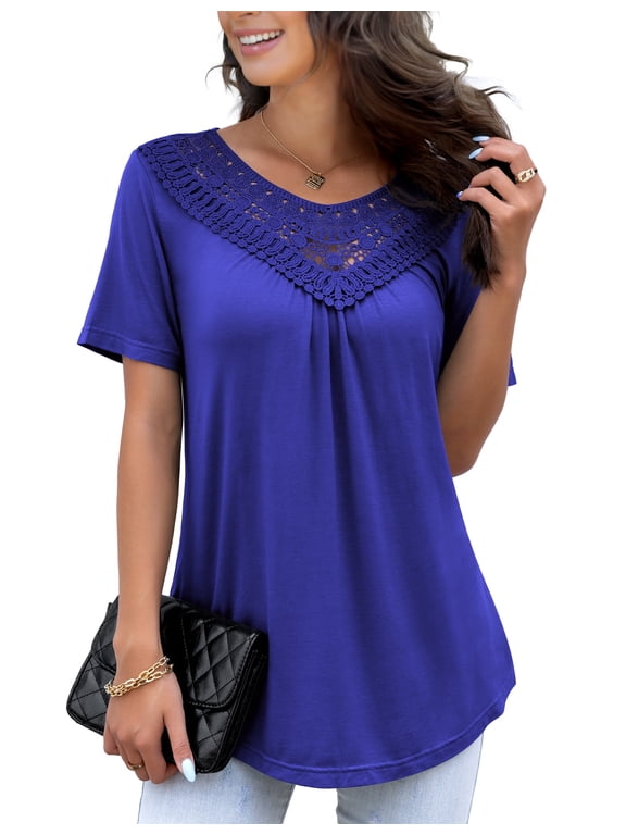 Women's Plus Size Summer Tops Short Sleeve Lace Pleated Blouses Tunic Tops M-4XL