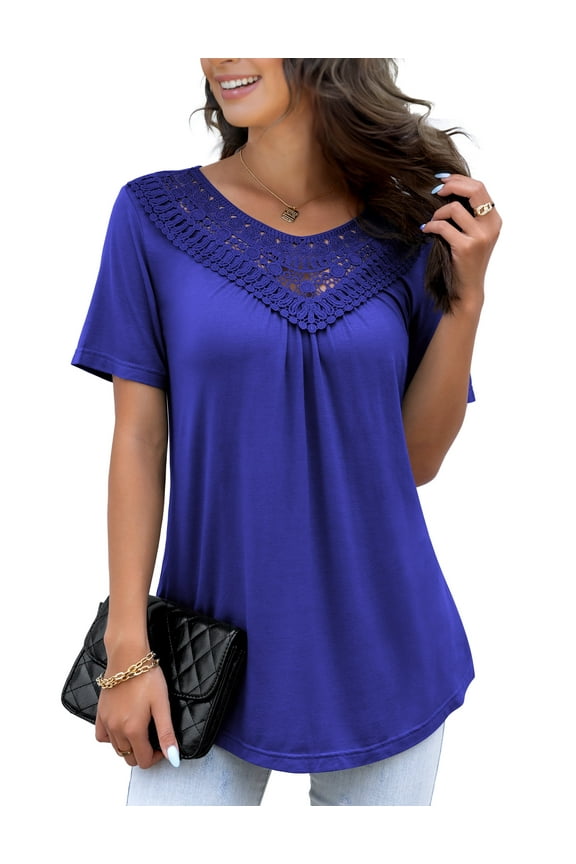 Women's Plus Size Summer Tops Short Sleeve Lace Pleated Blouses Tunic Tops M-4XL
