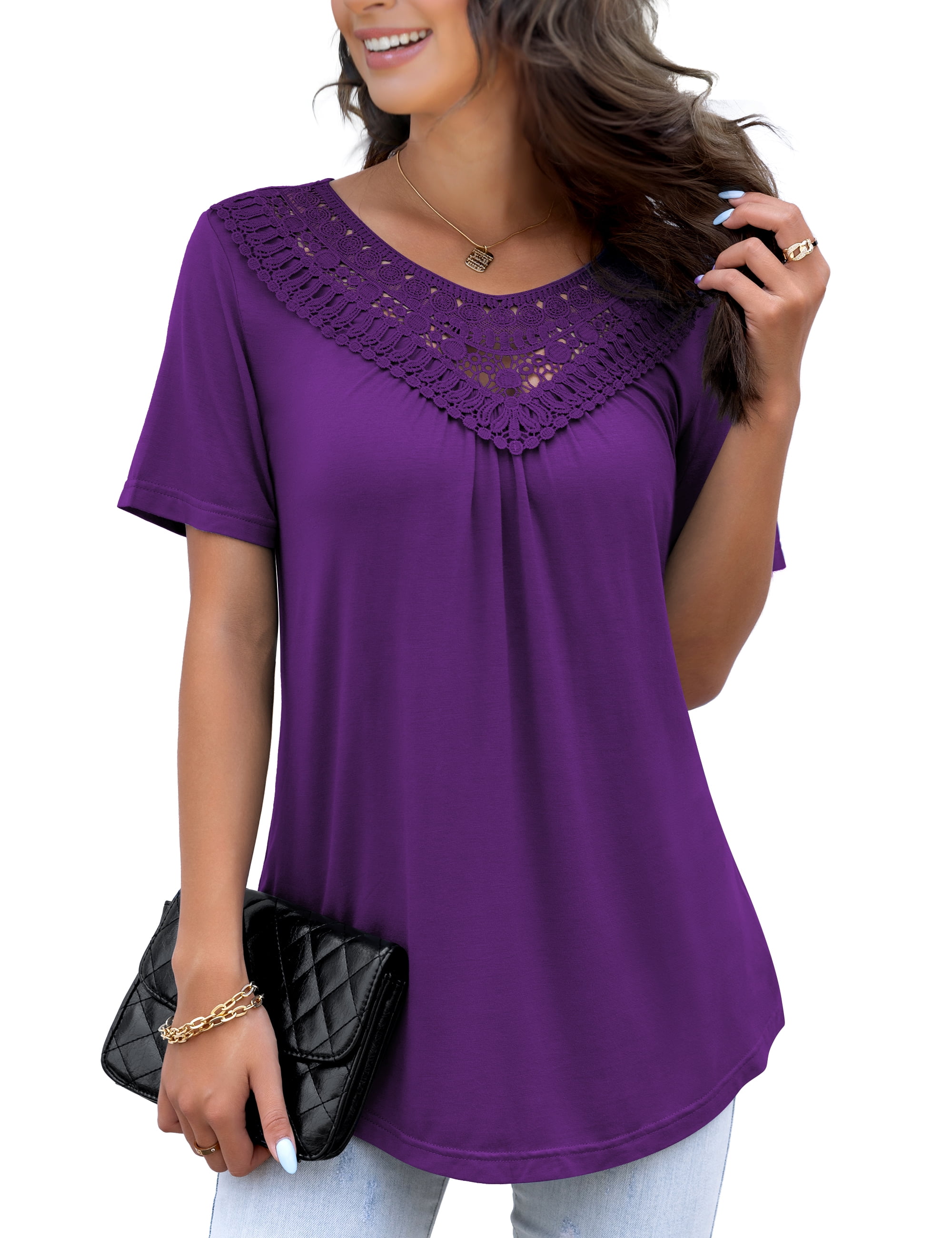 FOLUNSI Women's Plus Size Summer Tops Short Sleeve Lace Pleated Blouses