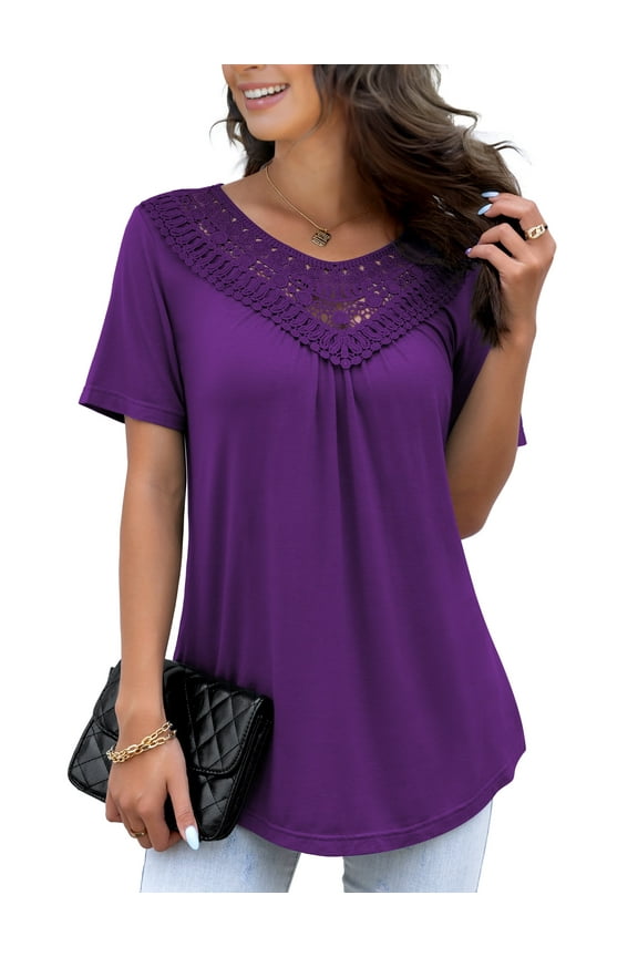 Women's Plus Size Summer Tops Short Sleeve Lace Pleated Blouses Tunic Tops M-4XL