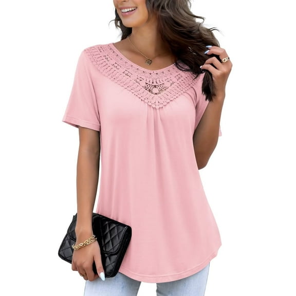 FOLUNSI Women's Plus Size Summer Tops Short Sleeve Lace Pleated Blouses Tunic Tops M-4XL