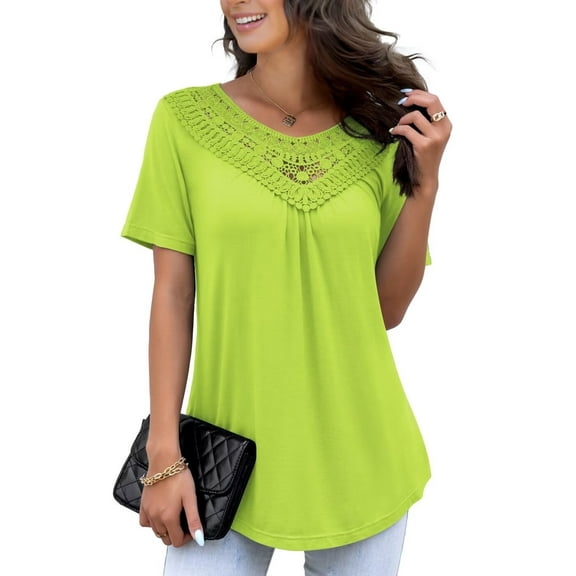 FOLUNSI Women's Plus Size Summer Tops Short Sleeve Lace Pleated Blouses Tunic Tops M-4XL