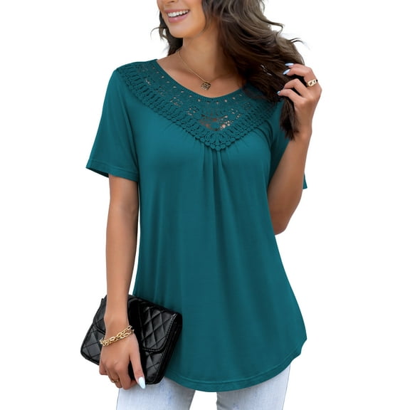 FOLUNSI Women's Plus Size Summer Tops Short Sleeve Lace Pleated Blouses Tunic Tops M-4XL