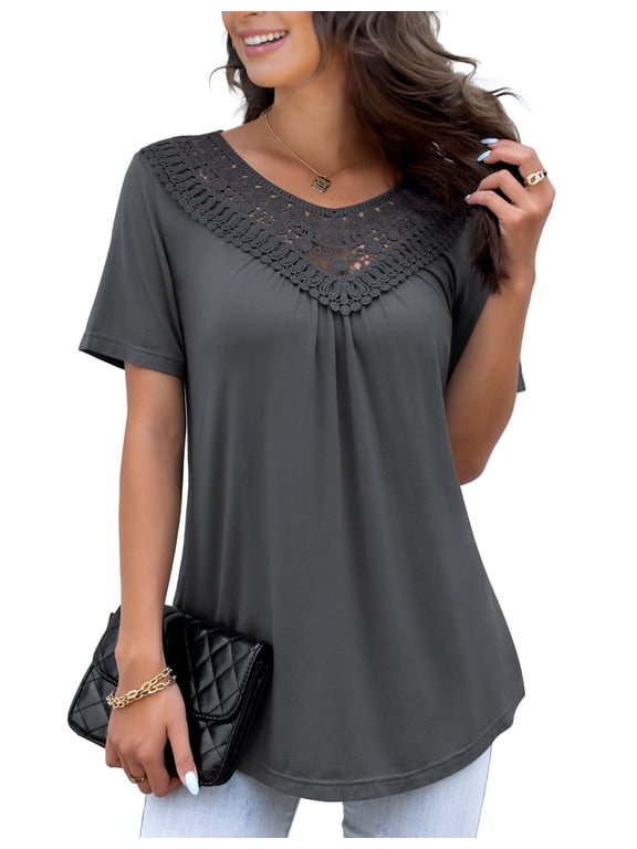 Women's Plus Size Summer Tops Short Sleeve Lace Pleated Blouses Tunic Tops M-4XL