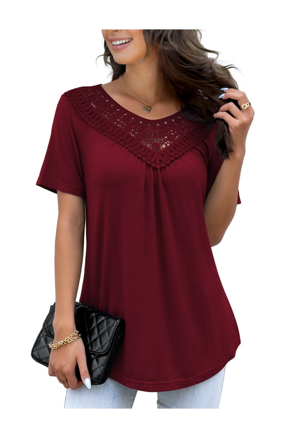 Women's Plus Size Summer Tops Short Sleeve Lace Pleated Blouses Tunic Tops M-4XL