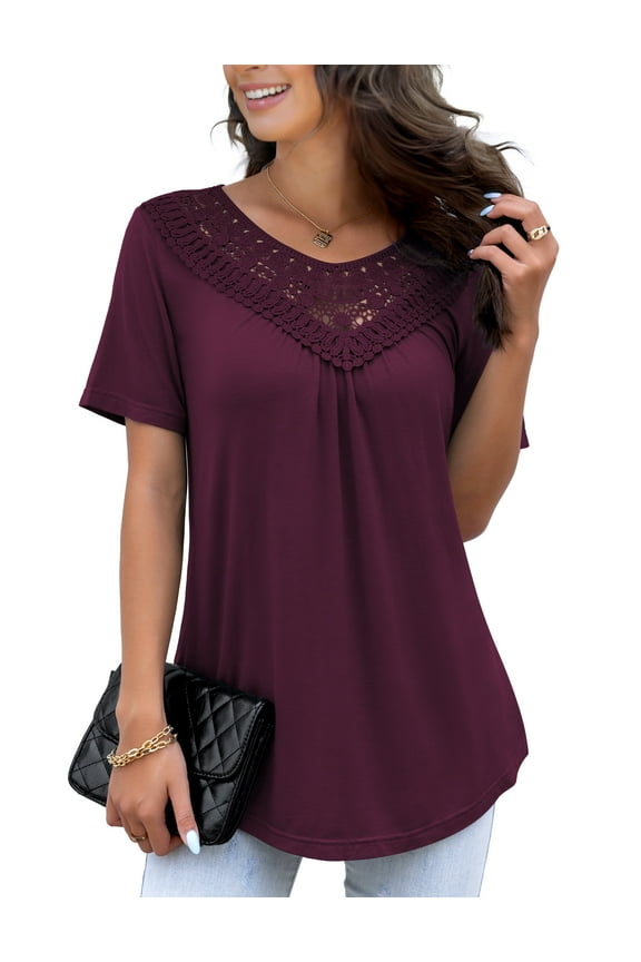 Women's Plus Size Summer Tops Short Sleeve Lace Pleated Blouses Tunic Tops M-4XL