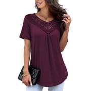 FOLUNSI Womens Plus Size Summer Tops Short Sleeve Lace Pleated Blouses Tunic Tops M-4XL