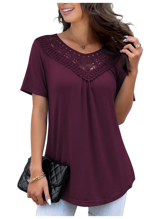 Women's Plus Size Summer Tops Short Sleeve Lace Pleated Blouses Tunic Tops M-4XL