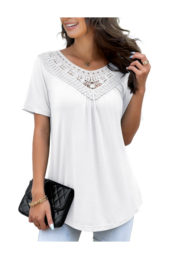 Women's Plus Size Summer Tops Short Sleeve Lace Pleated Blouses Tunic Tops M-4XL