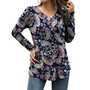 FOLUNSI Casual Floral Henley Shirt Knit - V-Neck Short Sleeve Blouse - M-4X