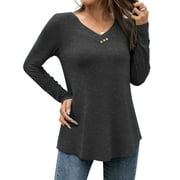 FOLUNSI Casual Floral Henley Shirt Knit - V-Neck Short Sleeve Blouse - M-4X