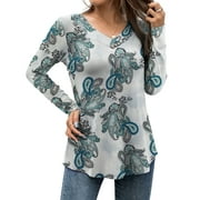 FOLUNSI Casual Floral Henley Shirt Knit - V-Neck Short Sleeve Blouse - M-4X