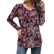 FOLUNSI Casual Floral Henley Shirt Knit - V-Neck Short Sleeve Blouse - M-4X