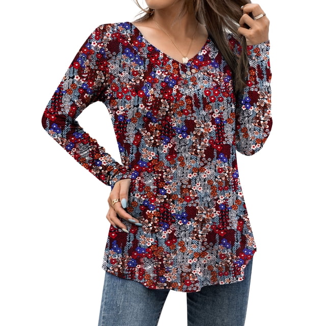 FOLUNSI Casual Floral Henley Shirt Knit - V-Neck Short Sleeve Blouse - M-4X