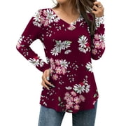 FOLUNSI Casual Floral Henley Shirt Knit - V-Neck Short Sleeve Blouse - M-4X