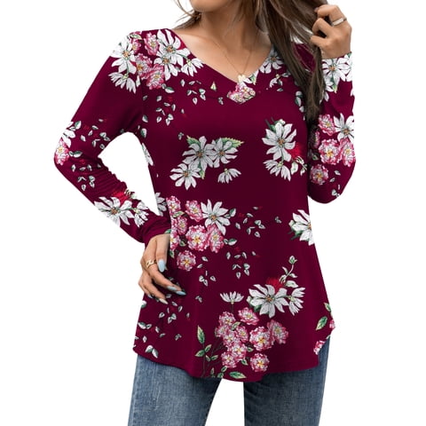 Casual Floral Henley Shirt Knit - V-Neck Short Sleeve Blouse - M-4X