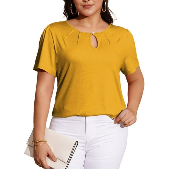FOLUNSI Women's Plus Size Tops Casual Keyhole Round Neck Pleated Puff Sleeve Blouse m-4x