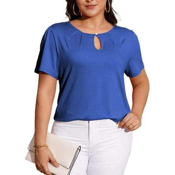 FOLUNSI Women's Plus Size Tops Casual Keyhole Round Neck Pleated Puff Sleeve Blouse m-4x