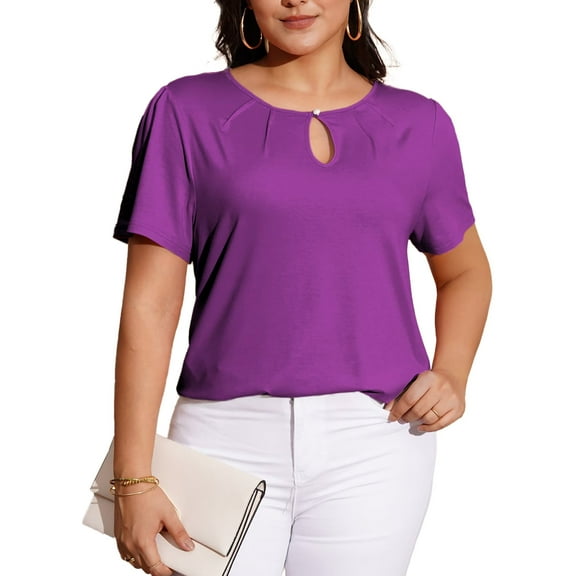 FOLUNSI Women's Plus Size Tops Casual Keyhole Round Neck Pleated Puff Sleeve Blouse m-4x