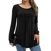 FOLUNSI Women's Plus Size Tops Long Sleeve Lace Pleated Blouses Tunic Tops 2023 New Arrivals M-4XL