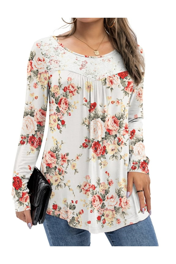 Women's Plus Size Tops Long Sleeve Lace Pleated Blouses Tunic Tops New Arrivals M-4XL