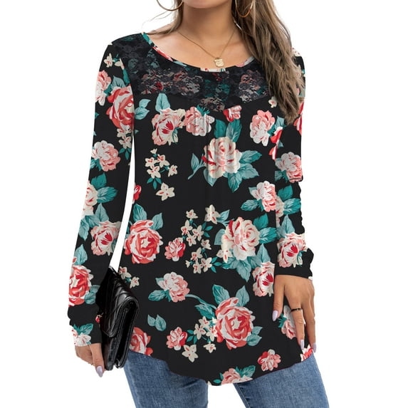 FOLUNSI Women's Plus Size Tops Long Sleeve Lace Pleated Blouses Tunic Tops New Arrivals M-4XL