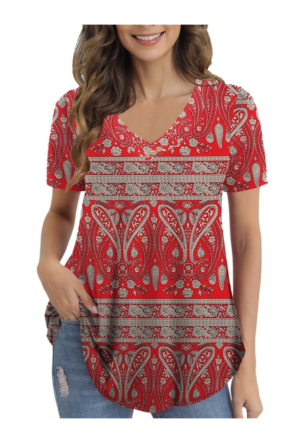 Women’s Plus Size Tops V Neck Short Sleeve Shirt Floral Blouses Tunic Tops M-4X