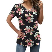 FOLUNSI Women’s Plus Size Tops V Neck Short Sleeve Shirt Floral Blouses Tunic Tops M-4X