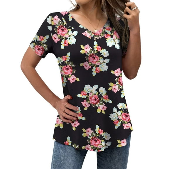 FOLUNSI Women’s Plus Size Tops V Neck Short Sleeve Shirt Floral Blouses Tunic Tops M-4X